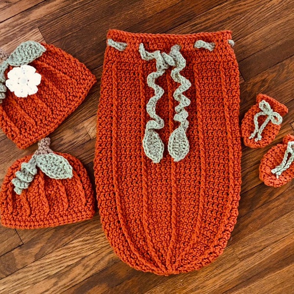Crochet PATTERN - Pumpkin Snuggle Sack Cocoon Set, Newborn Pumpkin Hat, Pumpkin Blanket, Baby Pumpkin Cocoon Set Hat Mitts, Baby Photo Prop