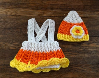 Candy Corn Baby Dress Set, Candy Corn Dress Diaper Cover and Hat, Baby Fall Colors Photo Prop Dress Set, Baby Girl Halloween Costume Outfit