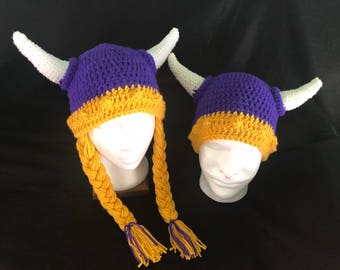 Purple Viking Hat Horn Braids, Minnesota Sport Colors Adult Hat, Purple Gold Vikings Football Helmet Hat, Unisex Child Women Men Viking Hat