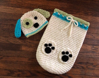 Puppy Dog Cocoon Set, Baby Bunting Snuggle Sack, Newborn Puppy Cocoon and Hat Set, Boy Girl Puppy Blanket; Baby Photo Prop, Baby Shower Gift