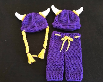 Crochet PATTERN - Viking Warrior Baby Outfit, Viking Helmet Hat and Pants Set, Purple Minnesota Vikings Colors, Viking Costume Photo Prop