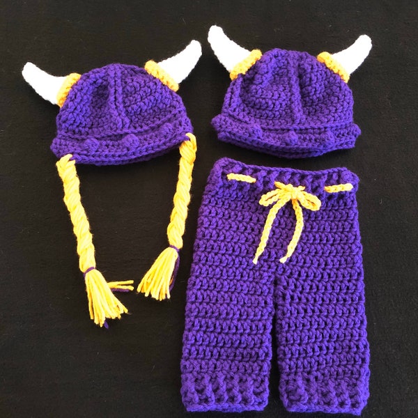 Crochet PATTERN - Viking Warrior Baby Outfit, Viking Helmet Hat and Pants Set, Purple Minnesota Vikings Colors, Viking Costume Photo Prop