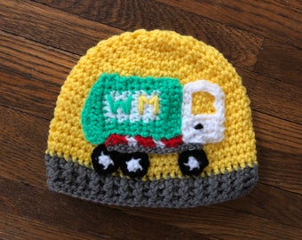 Garbage Truck Beanie Hat, Yellow Waste Management Truck Hat, Toddler - Child - Adult Garbage Truck Hat, Crochet Truck Applique Beanie Hat