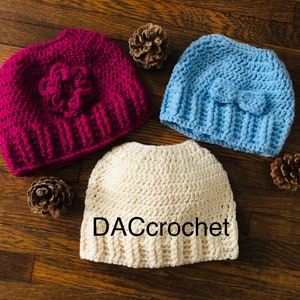 Crochet PATTERN - Classic Messy Bun Ponytail Hat, Messy Bun Beanie, Ponytail Beanie Hat, Toddler and Child Ponytail Hat, Adult Messy Bun