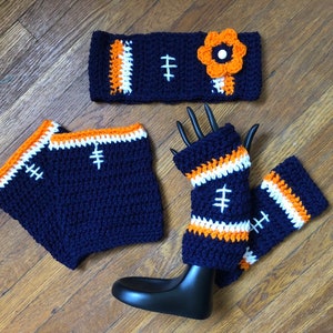 Crochet PATTERN - Football Sport Design Headband, Football Fingerless Texting Gloves, Boot Cuffs; Football Ear-warmer Crochet Pattern
