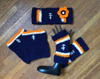 Crochet PATTERN - Football Sport Design Headband, Football Fingerless Texting Gloves, Boot Cuffs; Football Ear-warmer Crochet Pattern