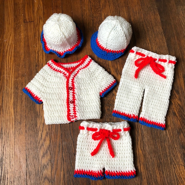 Crochet PATTERN - Baby Baseball Uniform, Newborn All Star Baseball Outfit; Boy Girl Twins Baseball Set, Photo Prop Baby Baseball Uniform