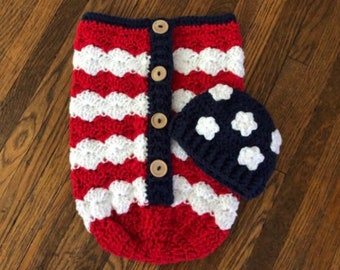 Patriotic American Flag Baby Cocoon Set, Red White Blue Baby Girl Blanket, USA Flag Baby Boy Sleep Swaddle Sack, Baby Photo Prop Set