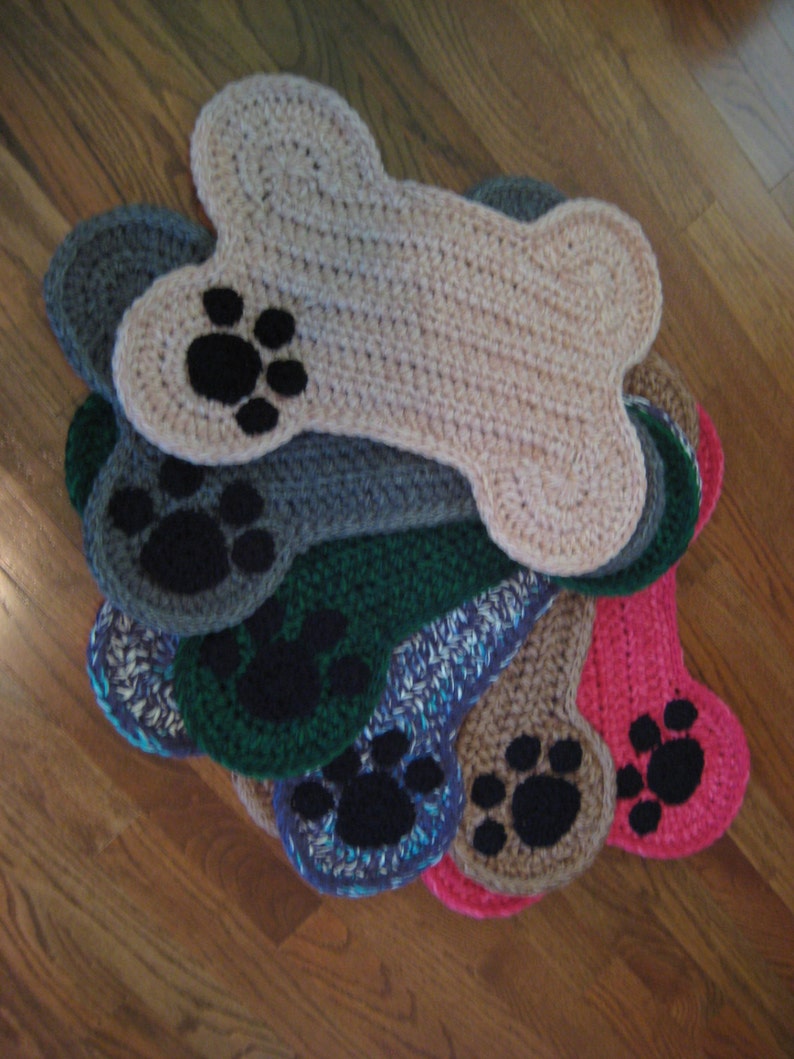 Dog Bone Placemat with Paw Print Crochet Pet Floor Food Bowl Etsy