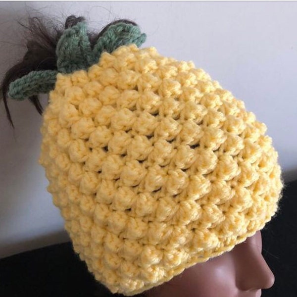 Crochet PATTERN - Pineapple Messy Bun Beanie, Pineapple Ponytail Hat, Messy Bun Pineapple Beanie, Toddler Child Adult Pineapple Beanie Hat