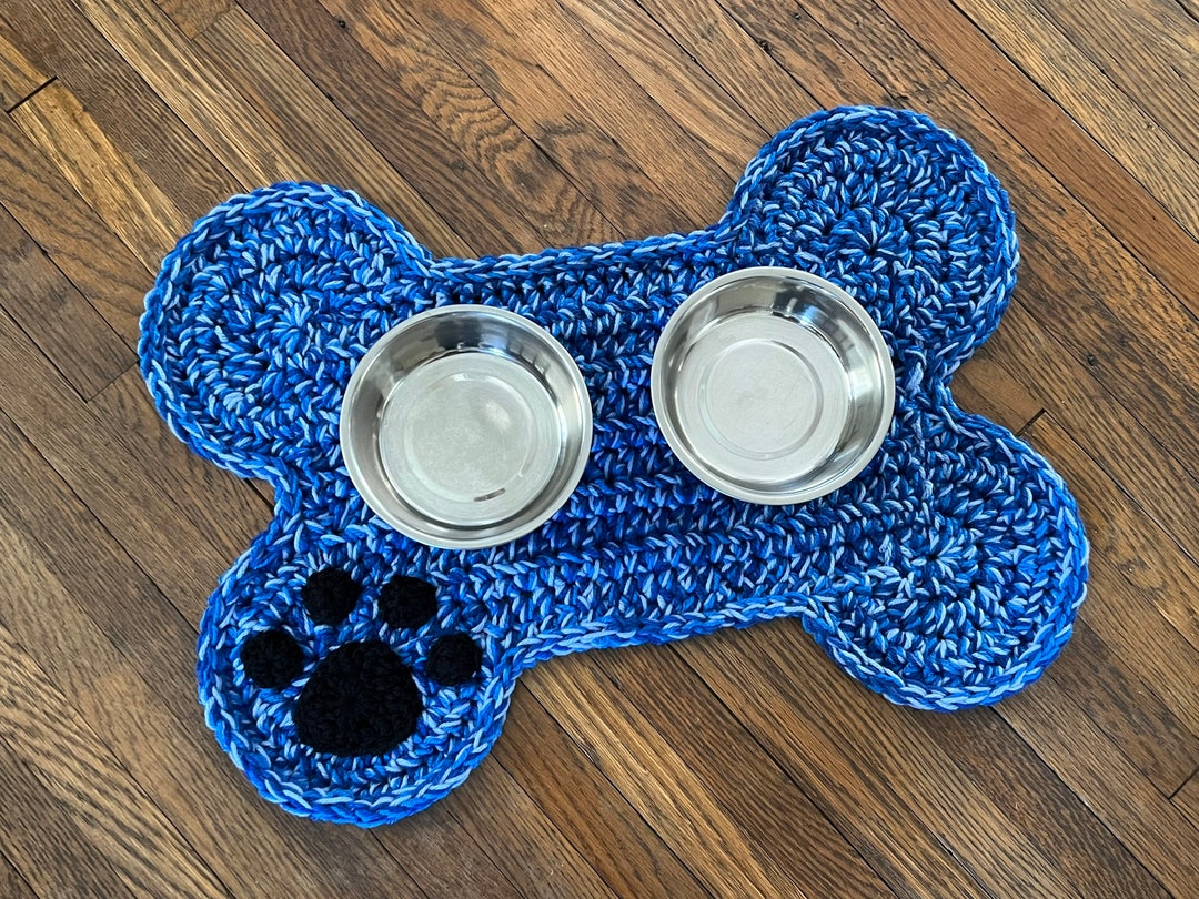 Blue Blend Personalized Dog Feeding Mat, Paw Print Dog Bone Food Water