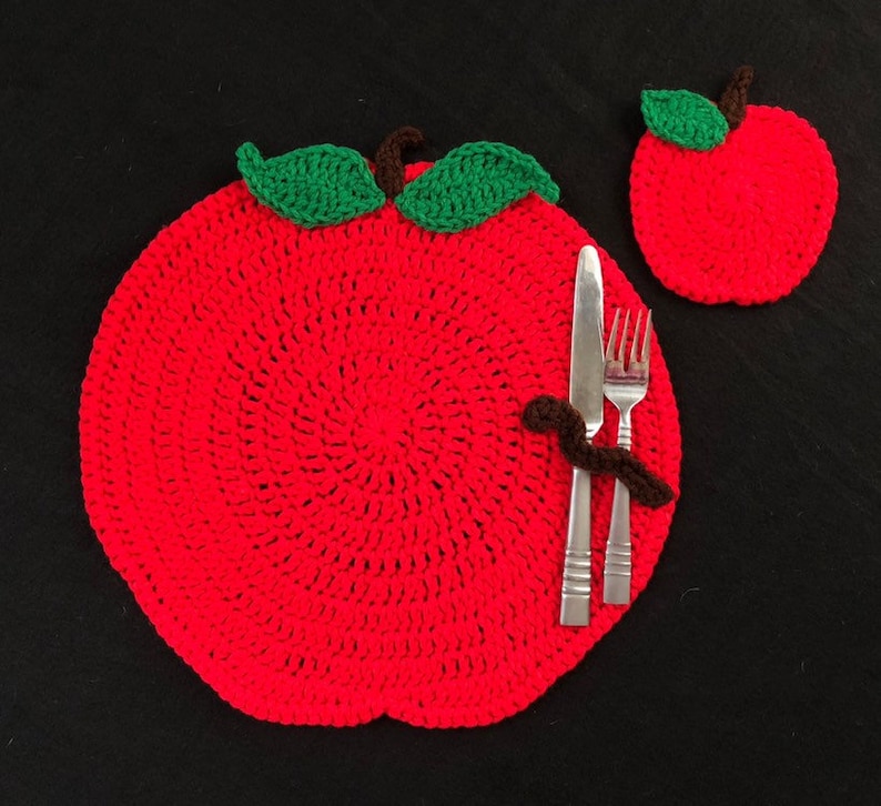 Crochet PATTERN Apple Placemat and Coaster Set Fall Apple Etsy
