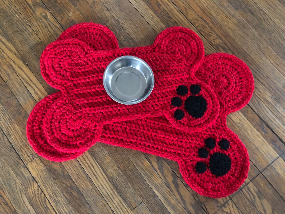 Red Dog Mat With Paw Print Personalized Dog Bone Food Water Etsy