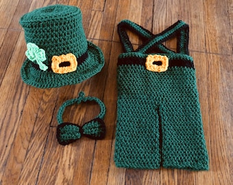 Virkmönster Leprechaun Baby Fotorekvisita Outfit Kostym, Baby Leprechaun Nyfödd - 12 månader; St Patrick's Day Shamrock Babymössa & Fluga