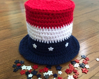 Crochet PATTERN - Patriotic baby top hat, Uncle Sam tall hat, Independence Day baby hat, America pride baby top hat, USA photo prop baby hat