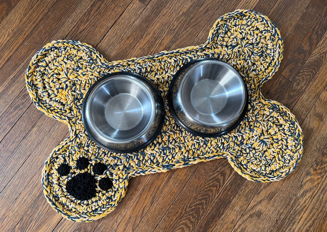 Large Size Navy Blue Gold Dog Pet Mat, Personalized Dog Bone Food Water