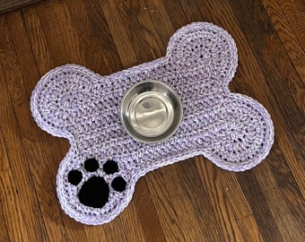 Lilac Purple and Ivory Dog Pet Place Mat, Personalized Dog Bone Food Water Bowl Mat, Dog Bone Mat Rug, Pet Dog Crate Placemat with Paw Print