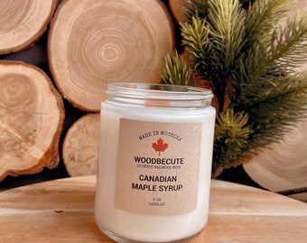 Canadian Maple Syrup Scented 100% Soy Wax Candle, Wood Wick, Home Decor, Hostess Gift