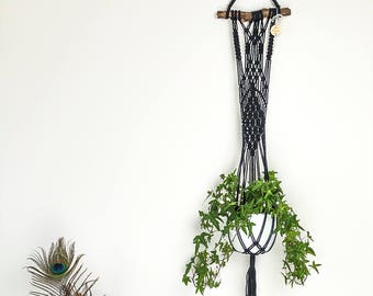 navy blue / macrame plant hanger / bohemian decor / plant holder / home decor / hanging planter / boho wall decor /