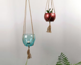 2 PCS Indoor Outdoor Hanging Planter / Boho Wedding Decor / Set of 2 Jute Macrame Jar Holder / Modern Minimalist plant holder / lantern