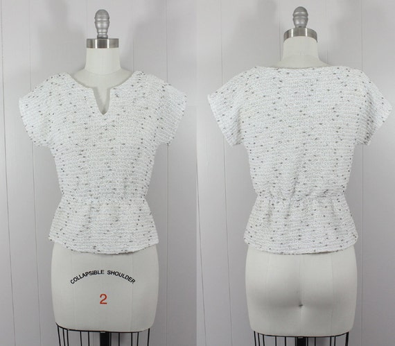 1980s peplum top • vintage white openweave knit t… - image 3