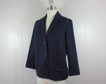 1960s navy blazer • wool knit pinstripe jacket • boxy styling • M
