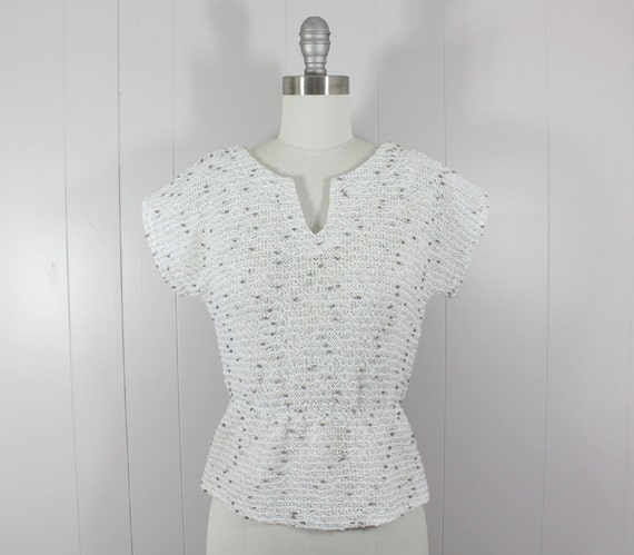 1980s peplum top • vintage white openweave knit t… - image 1