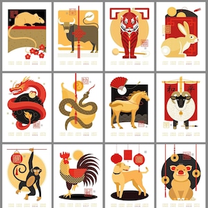14 kleine Kunstdruck Karten - Set von 12 Chinesischen Sternzeichen + 2 zusätzliche Tieren! - Kunst Karte 5x7 "- Rahmenbar - Bestseller - Tolles Geschenk!