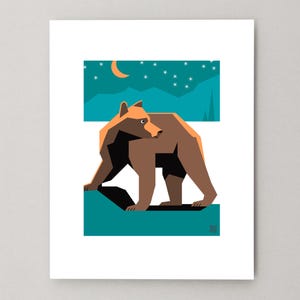 Bear Giclée Art Print: Modern Style, Teal & Brown