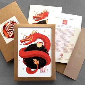 Paquet de 10 cartes dragon - horoscope du zodiaque au dos - art du dragon chinois - coffret - plié à 5 x 7 po. - 10 enveloppes - intérieur vierge - excellent cadeau !