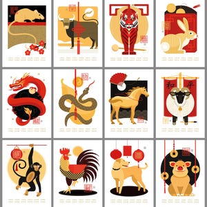 14 Little Art Print Cards - Boxed Set of 12 Chinese Zodiac Animals + 2 Extra - With More Zodiac Info - Frameable - Best Seller - Great Gift!