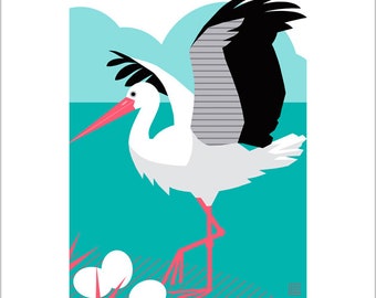 コウノトリと赤ちゃんの水彩画アートプリント：ヴィンテージ妊娠発表