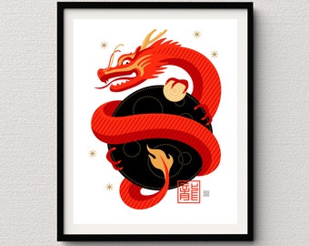 Stampa artistica dell'Anno del Drago: Zodiaco cinese Giclée, regalo per l'anno di nascita in 3 misure