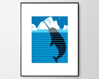 Norbert Narwhal - Giclée d'art animalier pour enfants - 20 x 10 po. ou 27 x 14 po. - Cadeaux de qualité pour les enfants - Amusant - Art mural pour chambre d'enfant - ABC - Coloré