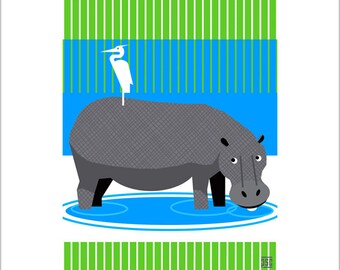 Harrison Hippopotamus - Children's Animal Giclée Art Prints - 16x20" - Quality Gifts for Kids - Nursery Wall Art - Fun - ABCs - Colorful