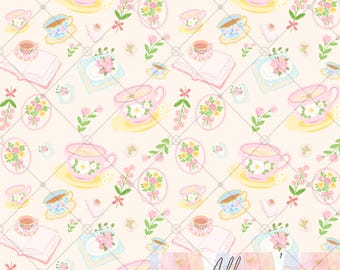 Coquette Tea Floral Book Seamless Pattern - PNG 300 DPI