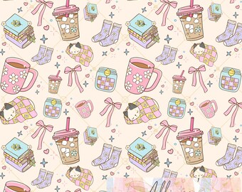 Cozy Coffee Book Cat Bow Seamless Pattern - Digital Paper 12x12 300DPI PNG