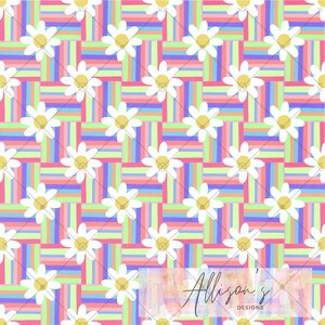 May include: A repeating pattern featuring white daisies with yellow centers set against a colorful background of intersecting rainbow stripes. The design has a playful, cheerful aesthetic, perfect for fabric or wallpaper.
