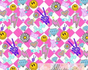Retro Groovy Smile Daisy Sticker Checkered Seamless Pattern - Digital Paper 12x12 300DPI PNG