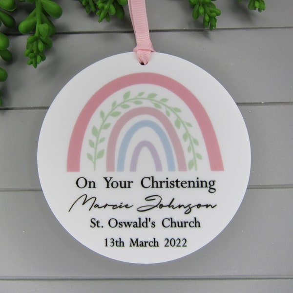 Personalised Christening gift, Godchild Gift Keepsake, Christening Date and Church, Pink Pastel Rainbow Ornament, Dedication, Baptism gift.