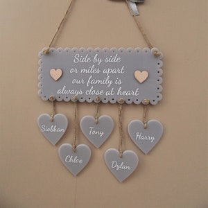 Personalised Family plaque "Side by side or miles apart our family is always close at heart" Family sign Mother's Day. Pearl or Grey