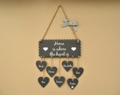 Personalised quot Home is where the heart is quot Plaque. Housewarming gift. New home sign. Mother 39 s Day, Our Family plaque. Slate grey white.