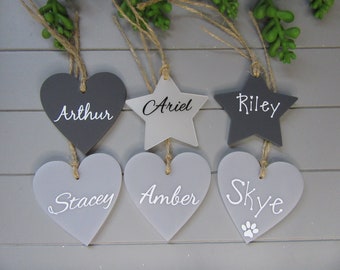 Hanging Hearts for Jules Handmade Gifts plaques. 5cm add on hearts. 7 fonts to choose from. Wooden, Slate Grey & Light Gloss Grey