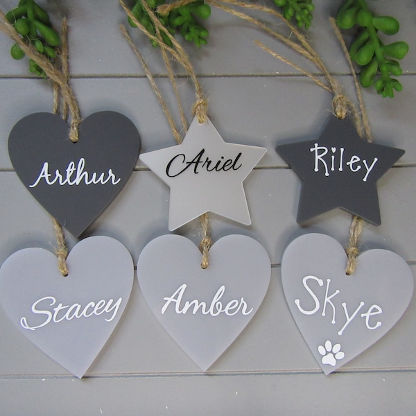 Hanging Hearts for Jules Handmade Gifts plaques. 5cm add on hearts. 7 fonts to choose from. Wooden, Slate Grey & Light Gloss Grey