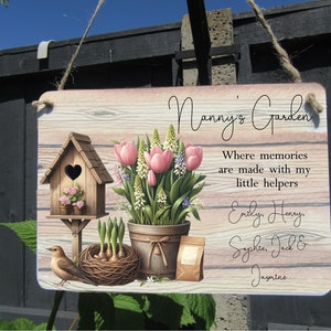 Personalised Nanny's Garden Sign, ANY RELATION, Bird House and Flowers, Mother's Day Gift, Shed Keepsake, Birthday Garden Ornament.