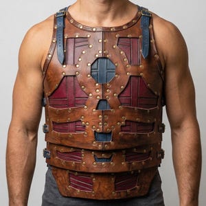 May include: A brown leather breastplate with red and blue detailing. The armour has brass rivets and blue leather straps. The design includes layered sections and a central blue cross-shaped detail, evoking a medieval or fantasy style.