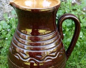 Pottery jug ceramic pitcher large brown glazed rustic vase home farm decor old ethnical traditional made in Latvia natural red clay vintage