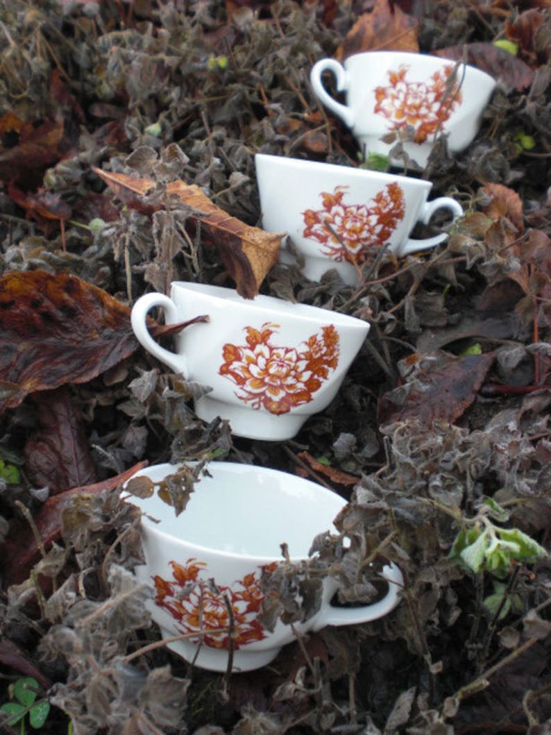 Rustic Tea Cup 4 Tea Cups Brown Floral Vintage Porcelain Riga Etsy