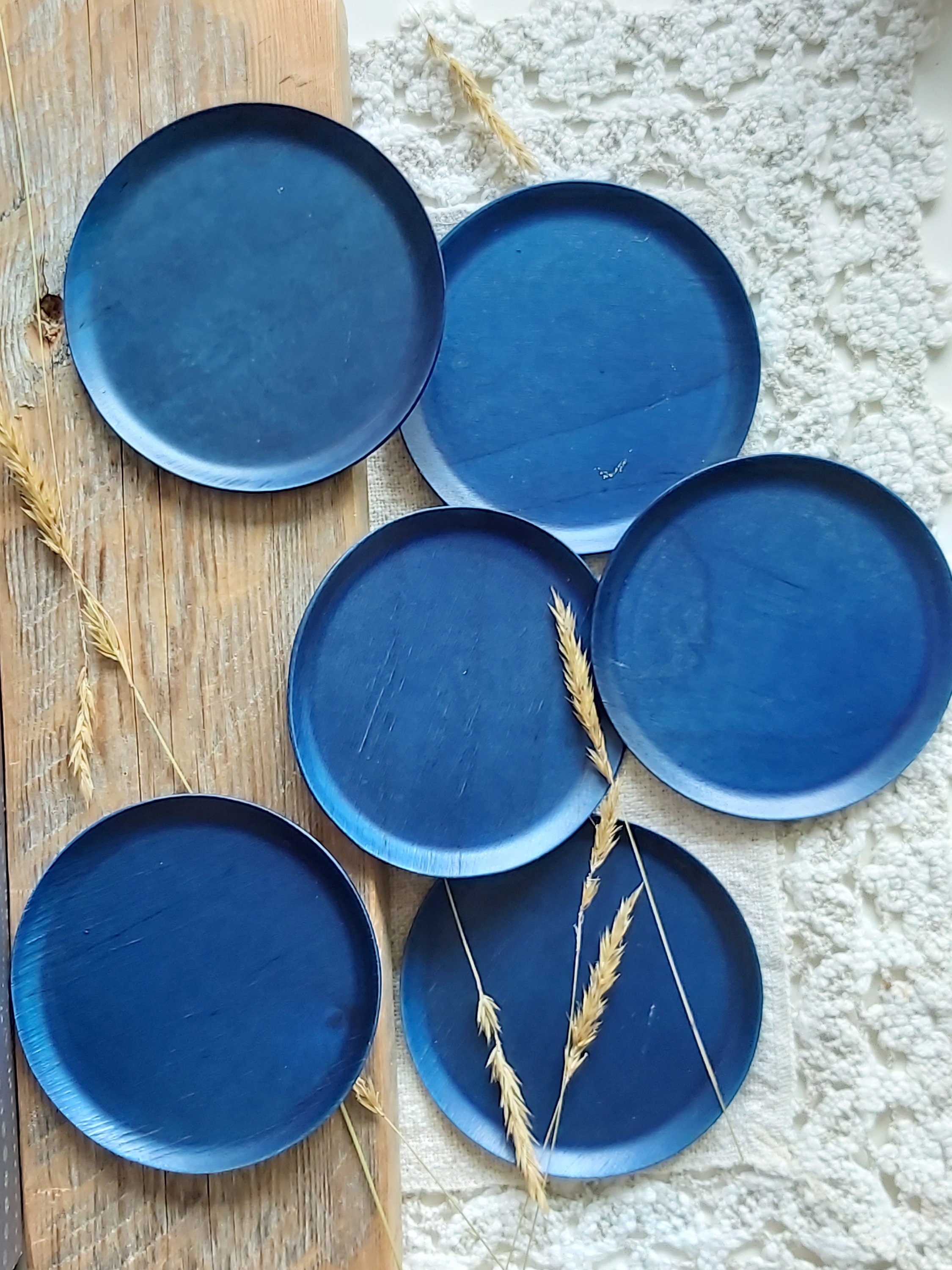 Small wood coasters plates set classic blue home decor spring Etsy
