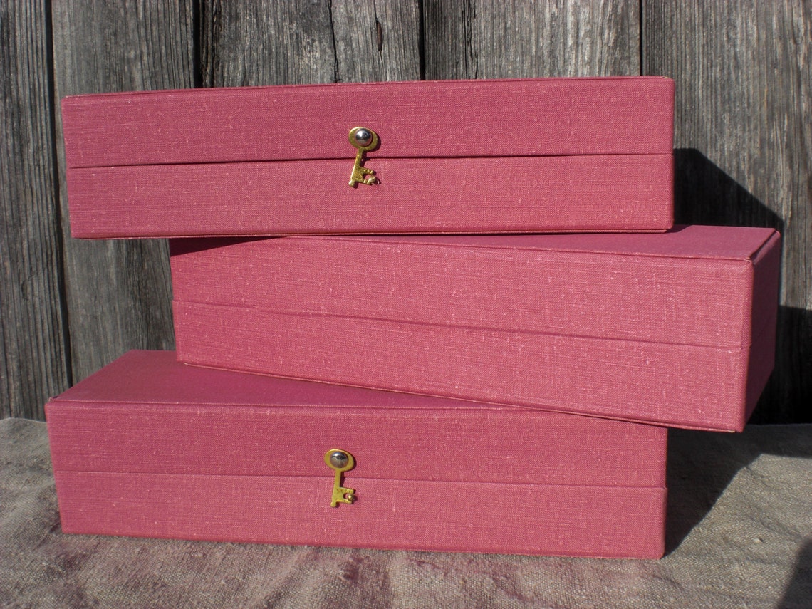 Rustic Box Gray Linen Fabric Covered Box Golden Key Decor Etsy